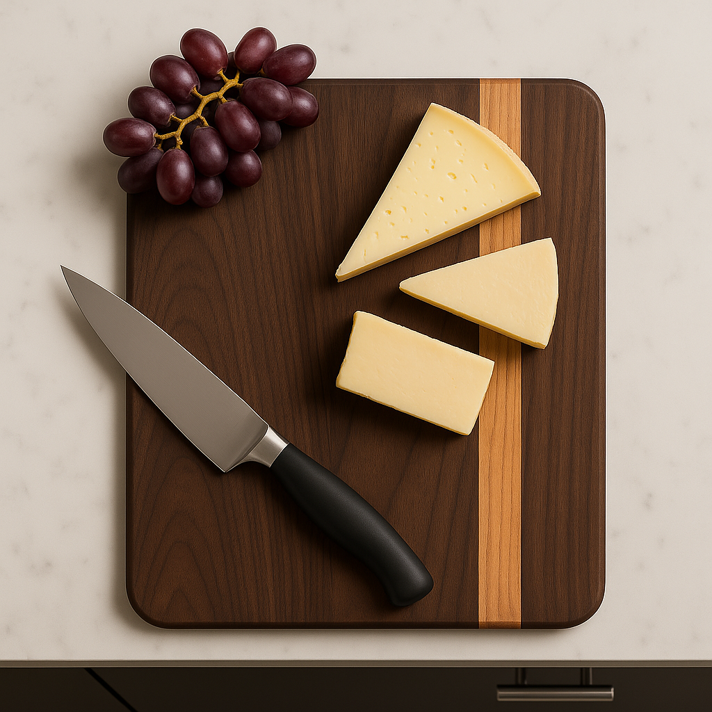 10" x 14" Walnut Cutting Board with Single Off Center Stripe of Cherry and Maple
