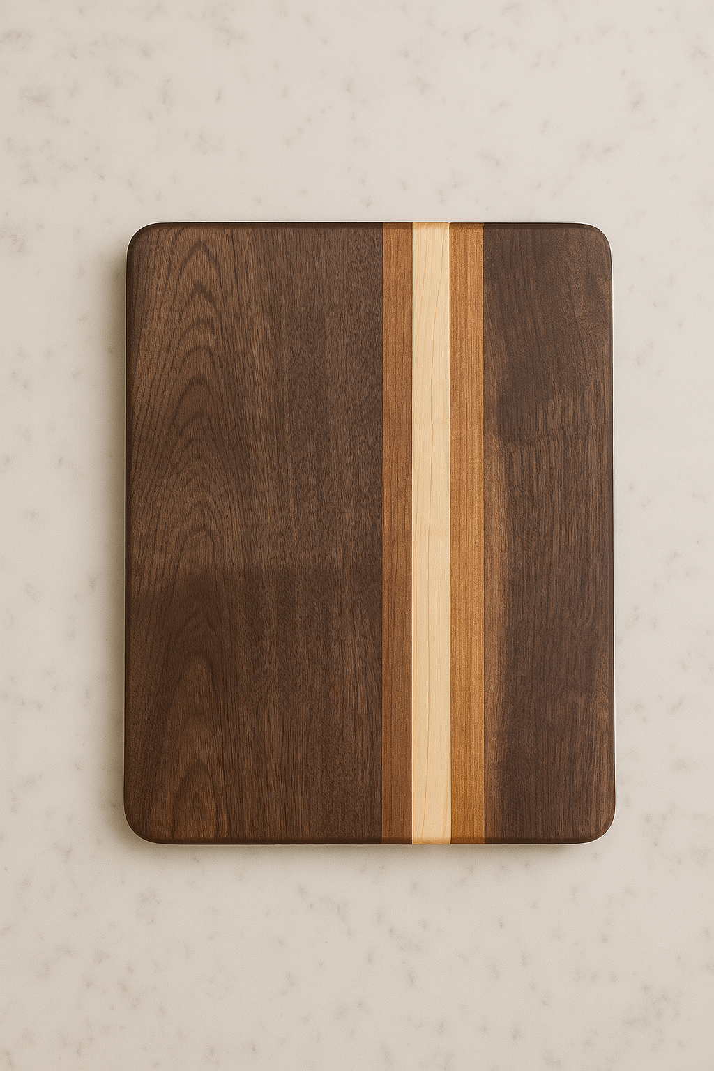 10" x 14" Walnut Cutting Board with Single Off Center Stripe of Cherry and Maple